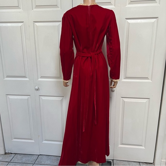 1960 Red Velvet Long Christmas Dress Lace Trim Lind Sleeve - Picture 4 of 10
